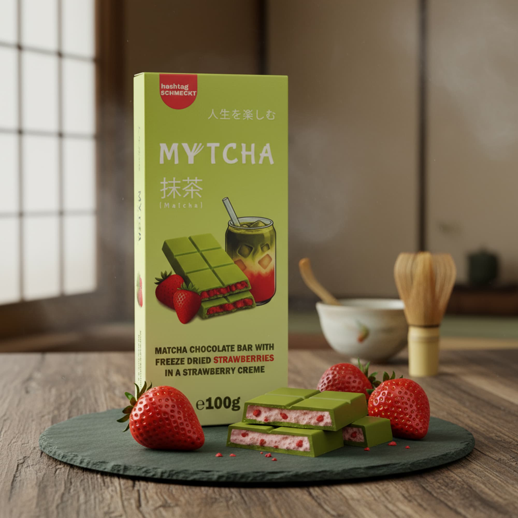 MYTCHA Matcha Strawberry – Weiße Schokolade mit Erdbeer-Creme & gefriergetrockneten Erdbeeren (100 g)