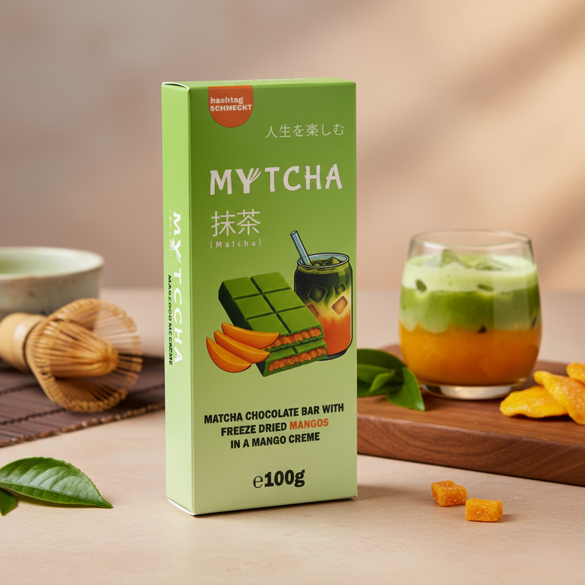 MYTCHA Matcha Mango – Weiße Matcha-Schokolade mit Mango-Creme (100 g)